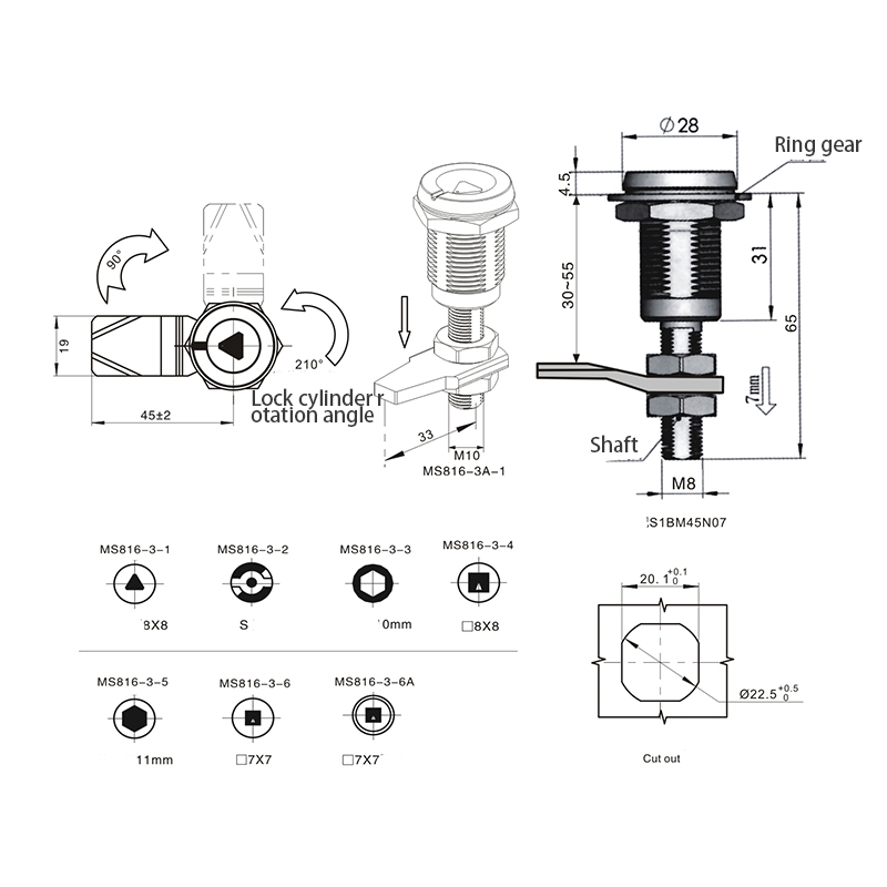 MS816-3-S Trojuholníkový 8mm cylindrický zámok s kompresnou západkou MS816-3-S Trojuholníkový 8mm cylindrický zámok s kompresnou západkou