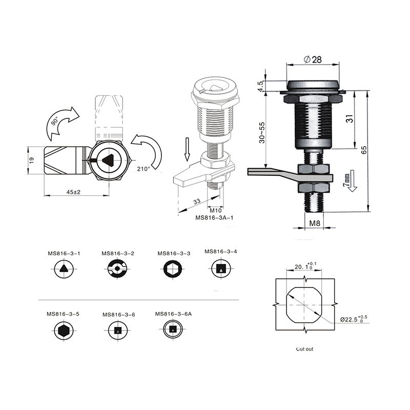 MS816-3-1 Trojuholníkový 8mm cylindrický zámok s kompresnou západkou MS816-3-1 Trojuholníkový 8mm cylindrický zámok s kompresnou západkou